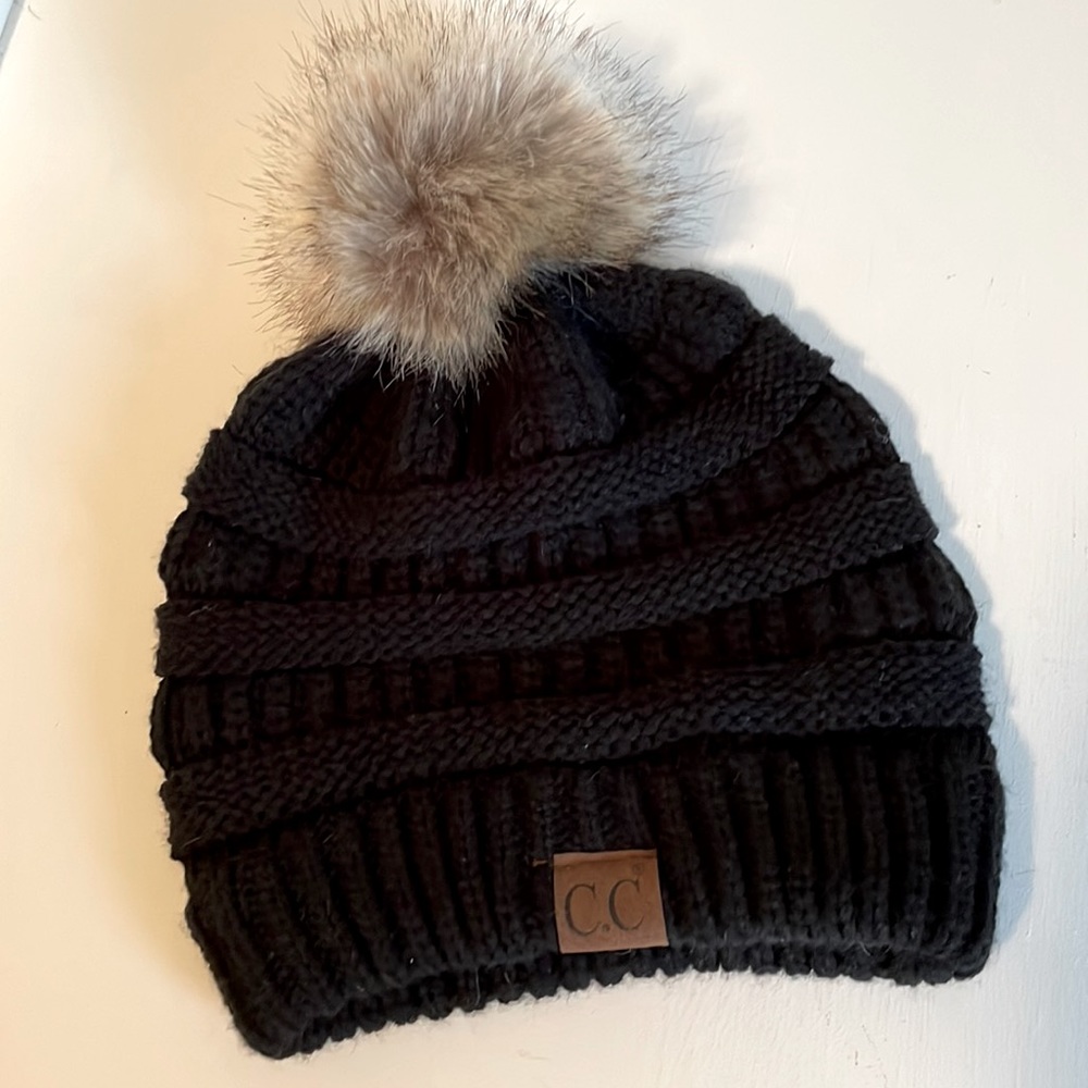 C.C beanie with fur poof